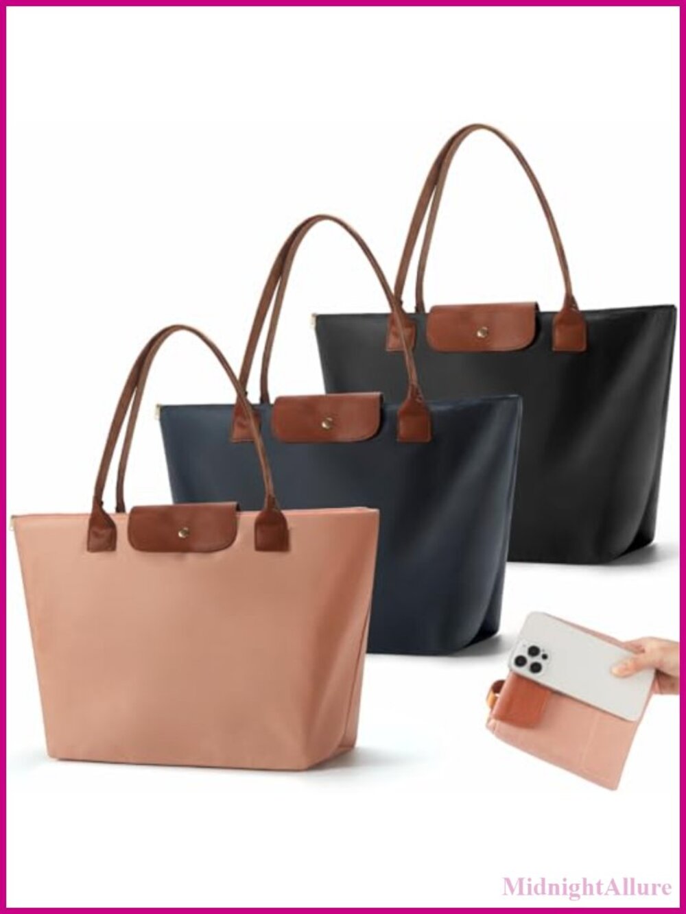 4 Pack Nylon Tote Bag with Zipper Shoulder Purse Compartments Foldable